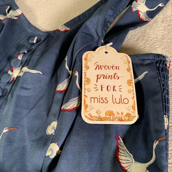 Miss Lulo Dress Womens 1X Blue Bird Print Fit & Flare Button Sleeveless NEW - Picture 4 of 15